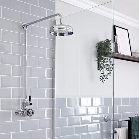 Hudson Reed – Colonne de douche rétro thermostatique – Pommeau pluie rond fixe 19,4 cm – Finition chromée et céramique noire – Technologie anti-brûlures