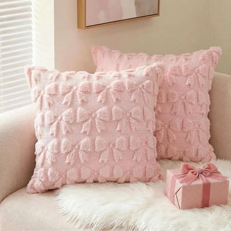 Taies d'oreiller roses avec nœuds à ressorts, lot de 2, 45 x 45 cm, accessoires ludiques pour la maison, taies d'oreiller douces en fausse fourrure, idéales pour les chambres de filles (1/5)