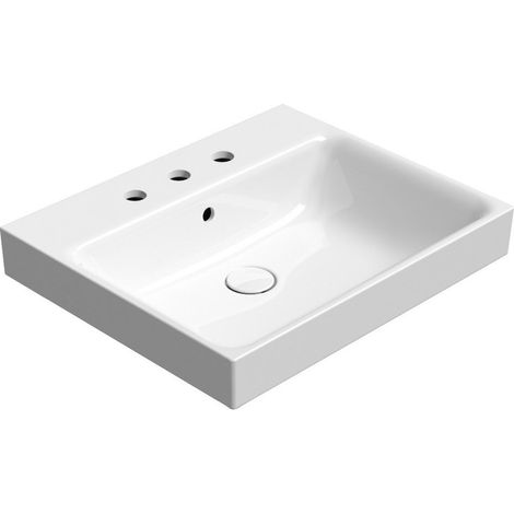 Lavabo en céramique NUBES 60x50cm, 3 trous de robinetterie, blanc ExtraGlaze (1/2)