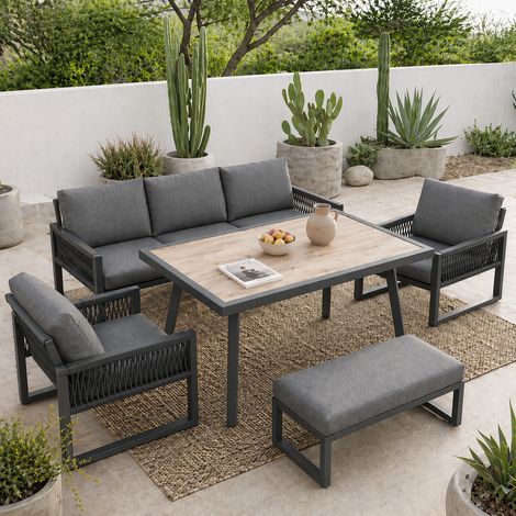 Ensemble repas de jardin 6-7 places gris - structure métal - effet bois - corde tressée - coussins inclus - housses lavables - avec 2 fauteuils