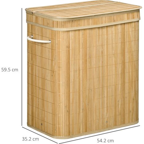 Panier en bambou pour linge sale, couvercle et anses, 90 L, double bac, housse textile lavable et amovible - 54,2 x 35,2 x 59,5 cm (1/5)