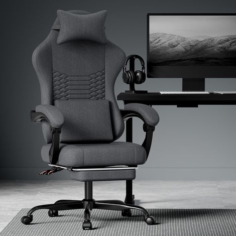 Chaise de bureau gaming en tissu, chaise gaming massante avec appui-tête, siège gaming ergonomique de type course avec repose-pieds (noir)