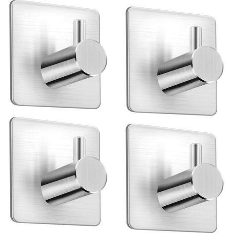 Portasciugamani in acciaio inox senza foratura - 4 ganci adesivi extra resistenti, ganci da parete autoadesivi antiruggine per bagno, cucina, ufficio, argento (1/5)