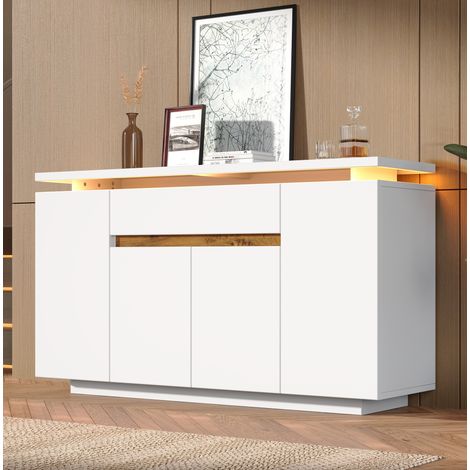 Buffet 4 portes et 1 tiroir, 140x40x80 cm, avec LED et étagères réglables, en panneaux de particules, blanc (1/5)