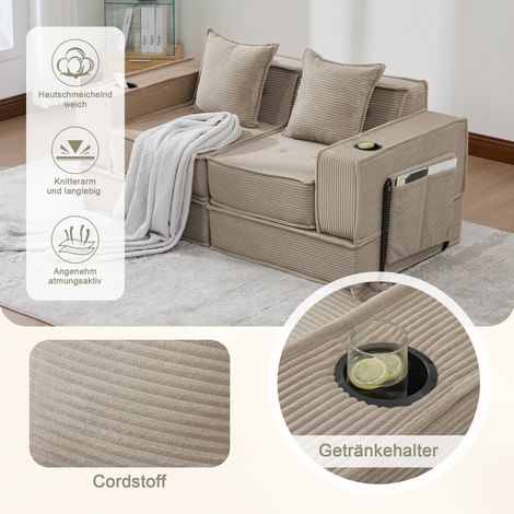 Canapé convertible 2 places moderne, tissu doux, deux coussins inclinables, pouf de rangement latéral avec porte-gobelets, parfait pour salon, chambre ou espace jeux. (1/4)