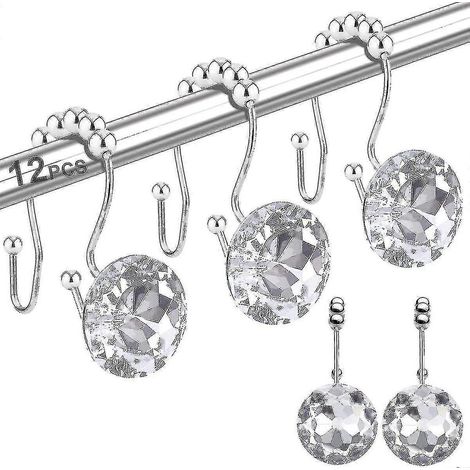 Lot de 12 anneaux et crochets pour rideau de douche, crochets doubles coulissants antirouille avec strass en cristal, pour tringles, rideaux et doublures. (1/5)