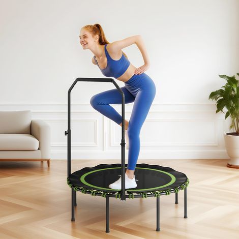 Fitness-Trampolin mit verstellbarem Handlauf, Sport-Trampolin für drinnen und draußen, Stahl, Kunststoff, Grün