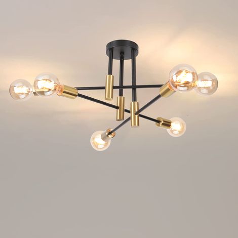 Plafonnier Industriel Vintage Luminaire de Plafond Lustre Sputnik Lampe de Plafond Intérieur E27 Noir Doré - 6 Douilles (1/5)