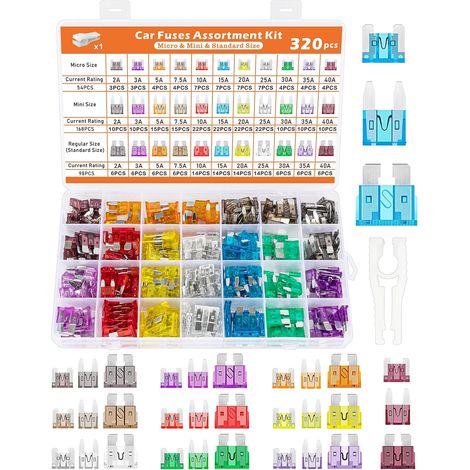 320 Pcs Car Fuse Set, 168 Mini 98 Standard and 54 Micro Auto Fuses, with Extractors, 2A 3A 5A 7.5A 10A 15A 20A 25A 30A 35A 40A for Auto Motorcycle Truck RV Truck (1/5)