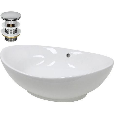 ECD Germany Vasque à Poser Lavabo Salle de Bain - Ovale - 590 x 390 x 200 mm - en Céramique - Blanc - avec Kit de Vidange - Lave-Main Évier Suspendu Toilette - avec Trop-Plein et Trou de Robinet (1/5)