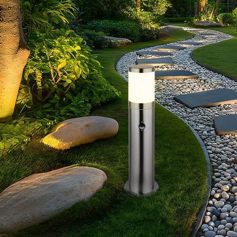 LED Sockelleuchte E27 Stehlampe Terrassen Außenleuchte Bewegungsmelder Wetterfest IP44, Edelstahl Kunststoff, 9W 810lm warmweiß, DxH 14x50 cm