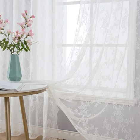 Rideau Dentelle-Rideaux de Dentelle Transparente Brodée Florale avec Bords Festonnés, Rideaux Voilage Blanc avec Motifs Floraux, Rideaux Filtrant pour Chambre à Coucher, Salon, 2X145x245CM (1/5)