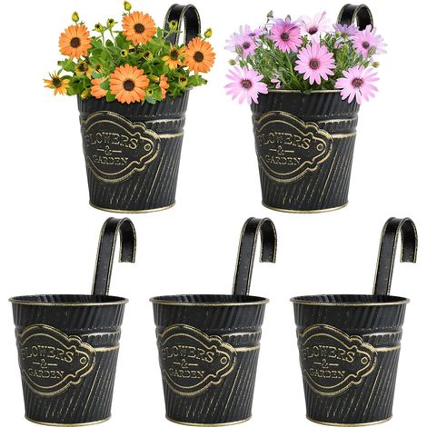 5pcs Pots de Fleur Suspendus en Métal Noir Pots de Plantes à Suspendre avec Crochet Amovible Décoration Intérieur Extérieur pour Balcon Clôture Jardin Maison (1/4)