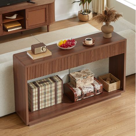 Consolle ingresso 150x35x85 cm, 2 cassetti, vano aperto, fronti rigate, pannello truciolare, noce (1/5)
