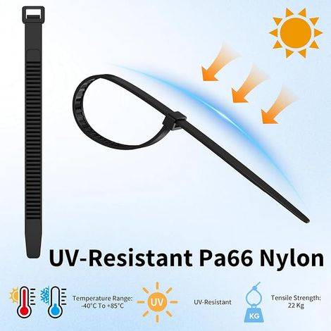 Câble noir Cravates 600mm x 0,6cm Long UV résistant Cravates pour jardinage, gestion de câble, bureaux, maison, installations électriques et ateliers (1/3)
