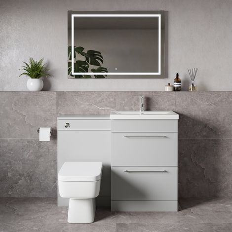 Napoli 390 Gloss Grey Pearl 1100mm 2 Drawer Vanity Unit Toilet Suite with Glide Basin - 1100mm - Chrome 320mm HandleWith Kingston Toilet Pan and Seat