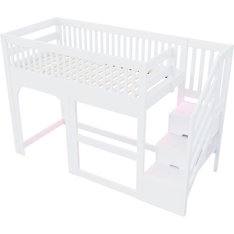 Cama alta baja infantil 90x200 cm de madera con escalera con almacenaje y LED blanco (1/5)