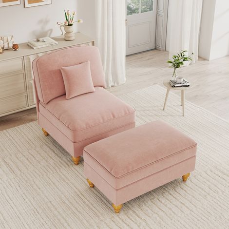 Fauteuil lounge classique confortable en chenille avec tablier à volants amovible, pieds fuselés et repose-pieds mobile - Canapé moelleux et profond pour le salon, rose. (1/4)