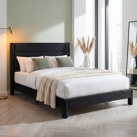 Cama Tapizada de Matrimonio 140x200 cm, Somier de Láminas, Carga Máxima 500 kg, Montaje Fácil, Terciopelo Negro (1/5)