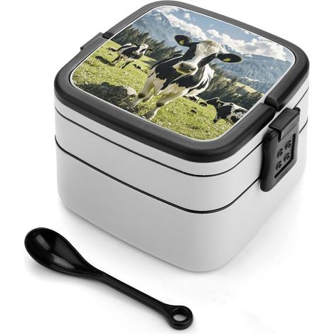 Boîte à bento vache noire et blanche pour adultes avec cuillère (1/5)