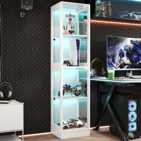 Vitrine LED 1 porte 4 étagères éclairage app Verre trempé blanc 40 x 35 x 170 cm