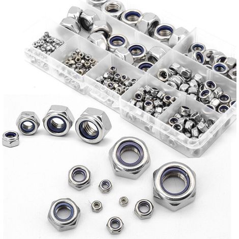 321 Pièces Assortiment de Contre Écrous, Écrou de Blocage Autobloquant en Acier Inoxydable, Écrous Hexagonaux, Inserts Filetés M2 M2.5 M3 M4 M5 M6 M8 M10 M12, Contre Écrous en Nylon