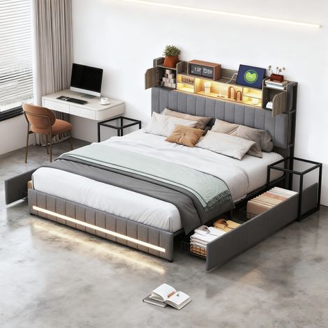 Lit double 140 x 200, lit adulte 140x200 avec 4 tiroirs, avec port USB et LED, rangement tête de lit, tiroir de rangement, lin gris