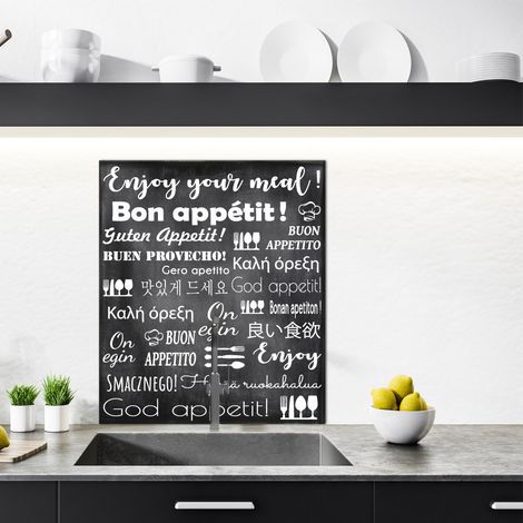 Crédence cuisine en aluminium - Pose autocollante ENJOY Noir et blanc Bon appétit en plusieurs langues - 60 x 70 cm – Idéal fond de hotte (1/4)