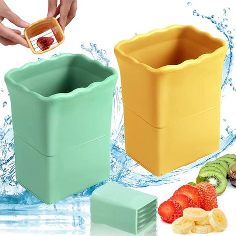 Lot de 2 coupe-fruits multifonctions, outils en acier inoxydable pour fraises, bananes, œufs, champignons, kiwis, tomates, citrons et autres aliments, ergonomiques et portables, jaune et vert (1/5)