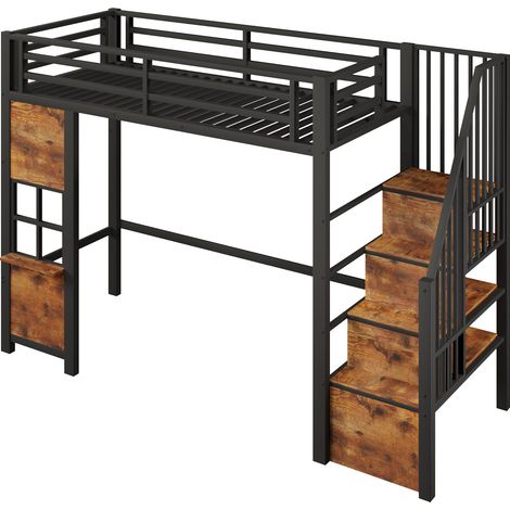 Cama alta infantil 90 x 200 cm de metal y MDF negro con escalera de almacenaje (1/5)