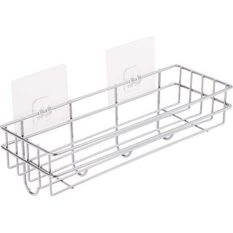 Étagère de salle de bain en fer forgé sans perçage, porte-serviettes, organiseur de produits cosmétiques, étagère murale de cuisine avec crochets / Blanc / 28 x 10,5 cm (1/5)