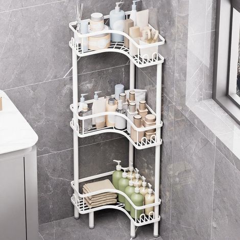 Étagère de douche autoportante à 3 niveaux avec 4 crochets sur chaque étagère étanche pour salle de bain, cuisine, étagère de douche de grande capacité (blanc)