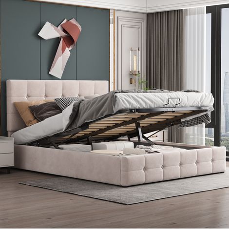 Cama Baúl 140x200 Cm Canapé Elevable Tela Terciopelo Crema (1/5)