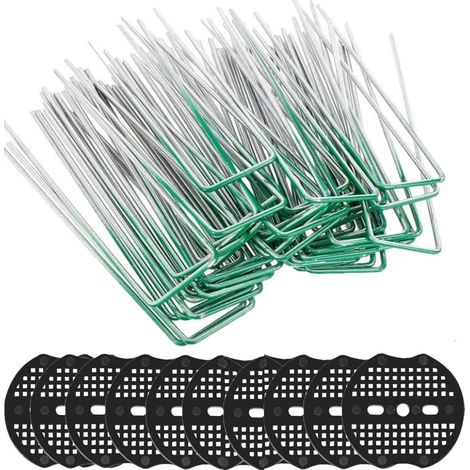50Pcs Ensemble De Chevilles De Jardin, 15CM Forme De U Résistant à La Rouille Agrafes à Gazon en Acier Chevilles De Sécurisation Au Sol avec Tampon Laveur pour Fixer Tapis De Sol Tissu(Vert)