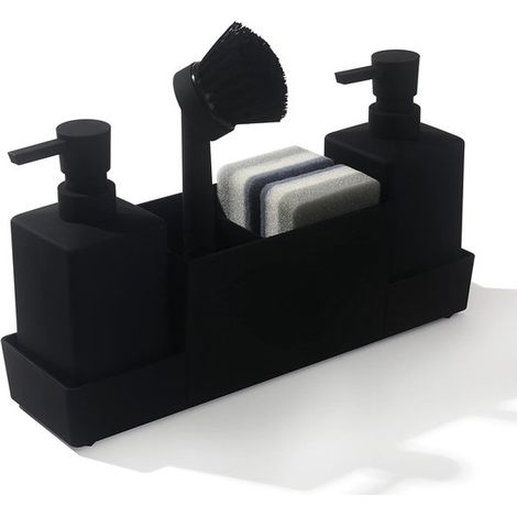 Seifenspender Set mit Schwammhalter für Handseife und Spülmittel mit Bürste Schwarz Praktischer Spülbecken Organizer (1/5)