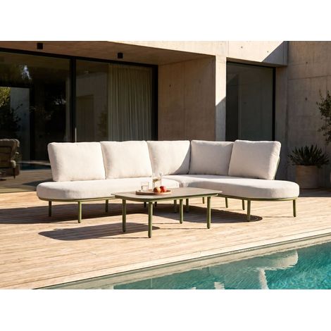 Sofá de exterior con mesa de centro 4 plazas estructura de aluminio ovalado tablero de metal verde cojines beige claro Pollina (1/5)