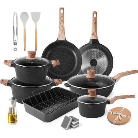 Induction Set de casseroles et poêles avec couvercles Granit antiadhésif Batterie de cuisine avec rôtissoire Marbre Ensemble d'accessoires de cuisine Poêle à frire Poêle à sauce Spatules