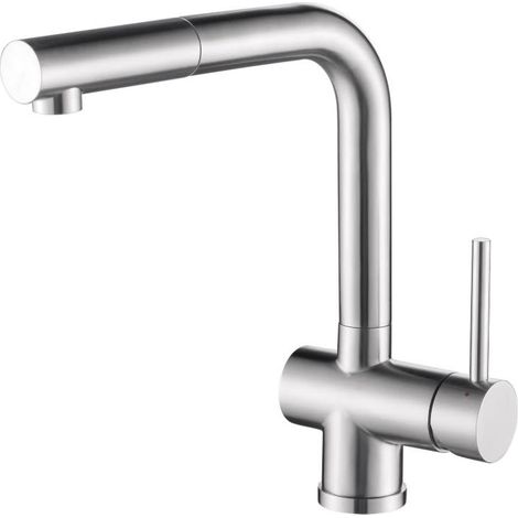 Grifo de cocina monomando caño alto extraible Orion Acero Mate,Latón, resistente a la corrosión, ahorro de agua,instalación fácil