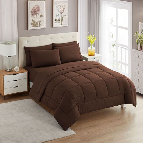 Parure de lit et Couette de Couleur Unie, Polyester, Marron, lit Double