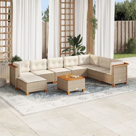 Ensemble Salon Jardin 9 Places Résine Tressée Beige avec Coussins Détachables - Structure Acier et Plateau Acacia (1/5)