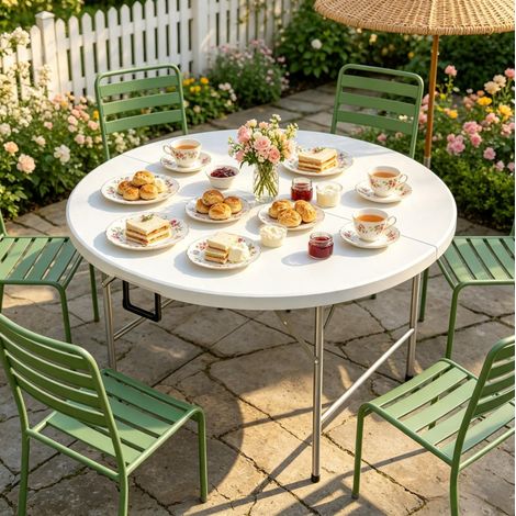 Table de jardin ronde pliante Ø122x73 cm en HDPE blanc, gain de place pour terrasse – MEUBLIV (1/5)
