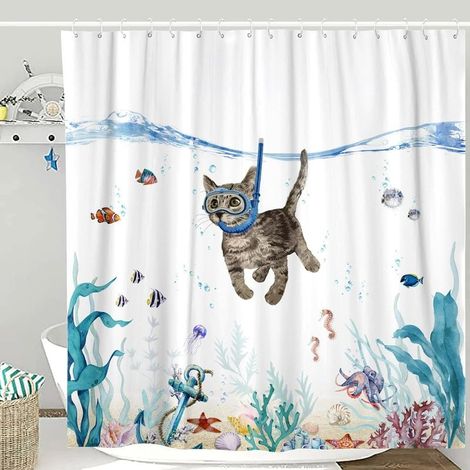 Rideau de douche chat drôle bleu sarcelle mer océan tissu imperméable rideaux de douche pour salle de bain avec animal pieuvre étoile de mer tortue ancre poisson nautique (chat) (1/5)