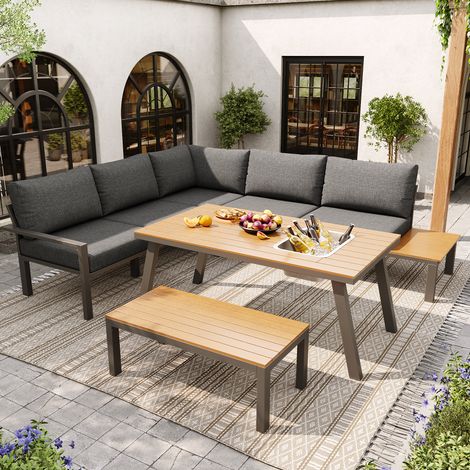 Conjunto de Jardín de 7 Plazas en Metal y Poliéster con 2 Sofás, Mesa con Cubeta de Hielo, Sillón, Taburete de Madera y Cojines Gruesos, Gris