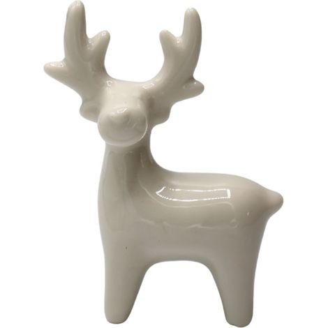 Mini statuetta di renna in ceramica bianca, dimensioni 5,2x2,7x7,2 cm.