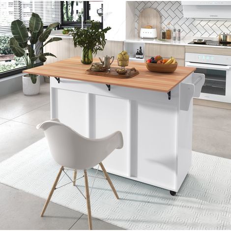Îlot de cuisine 129x71x91,5 cm blanc et naturel en MDF avec plateau rabattable, rangement et roulettes (1/5)