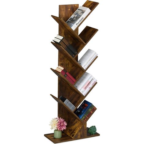 Relaxdays Scaffale Libreria, Mobile Stretto da Terra con 9 Ripiani ad Albero per Libri, CD, HLP: 146x38x22 cm, Marrone