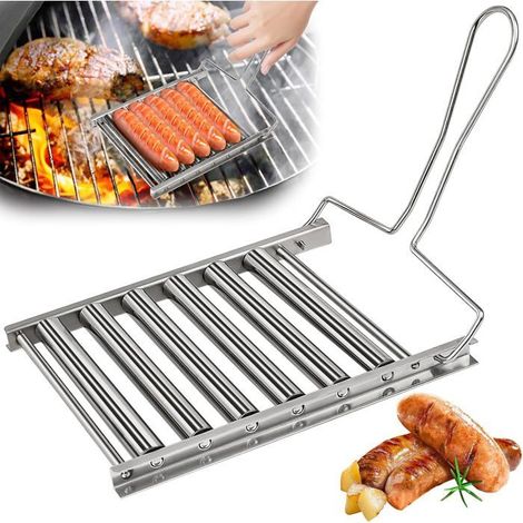 Grille de barbecue, panier à saucisses pour barbecue, rouleau à hot-dogs pour barbecue, 5 grilles à saucisses en métal pour