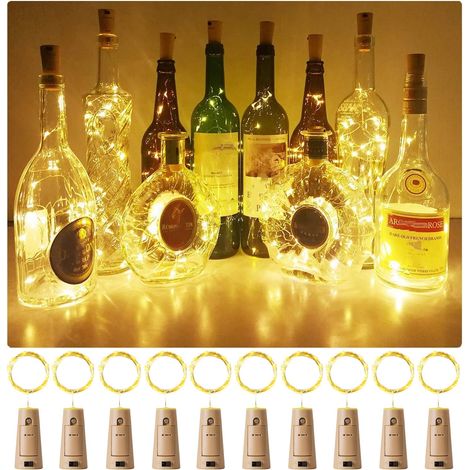 Lot de 10 guirlandes lumineuses pour bouteilles de vin avec bouchon, 10 mini lampes LED étanches à piles, blanc chaud, idéales pour décorer un bar, une table de mariage ou une fête. (1/5)
