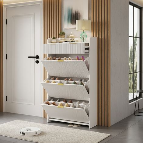 Meuble à chaussures 77 cm, avec 3 portes en bois, tiroir et étagère de rangement, poignées dorés, pour jusqu'à 16 paires de chaussures - Blanc