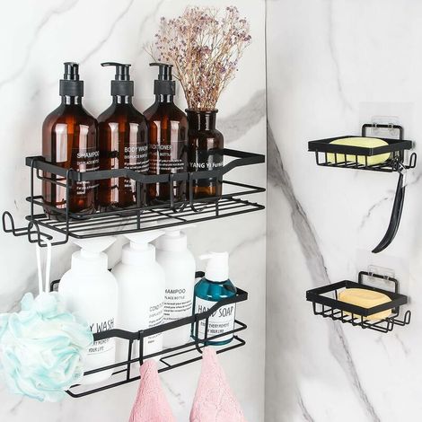 Etagere Douche, Lot de 4 Etagere Salle de Bain Sans Percage, Rangement Salle de Bain, Serviteur de Douche en Acier Inoxydable, Auto-AdhéSif Etagere Murale avec 2 Porte-Savon et 5 Crochets, Noir (1/5)